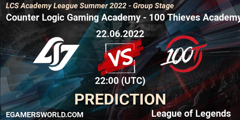 Counter Logic Gaming Academy - 100 Thieves Academy: ennuste. 22.06.2022 at 22:25, LoL, LCS Academy League Summer 2022 - Group Stage