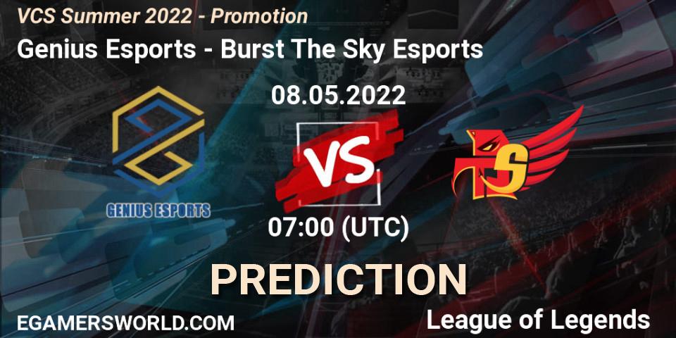Genius Esports - Burst The Sky Esports: ennuste. 08.05.2022 at 07:00, LoL, VCS Summer 2022 - Promotion