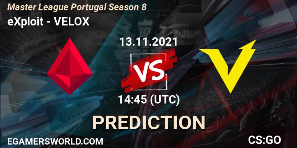 eXploit - VELOX: ennuste. 13.11.2021 at 14:45, Counter-Strike (CS2), Master League Portugal Season 8