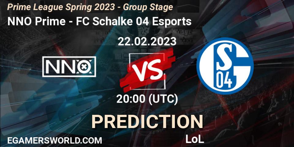 NNO Prime - FC Schalke 04 Esports: ennuste. 22.02.2023 at 20:00, LoL, Prime League Spring 2023 - Group Stage