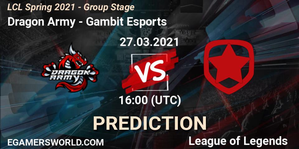 Dragon Army - Gambit Esports: ennuste. 27.03.21, LoL, LCL Spring 2021 - Group Stage