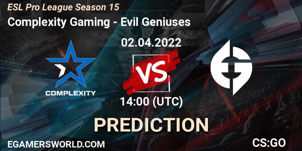 Complexity Gaming - Evil Geniuses: ennuste. 02.04.2022 at 14:00, Counter-Strike (CS2), ESL Pro League Season 15