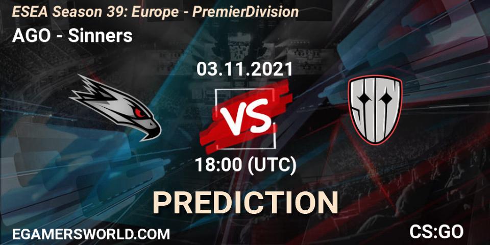 AGO - Sinners: ennuste. 03.11.2021 at 18:00, Counter-Strike (CS2), ESEA Season 39: Europe - Premier Division