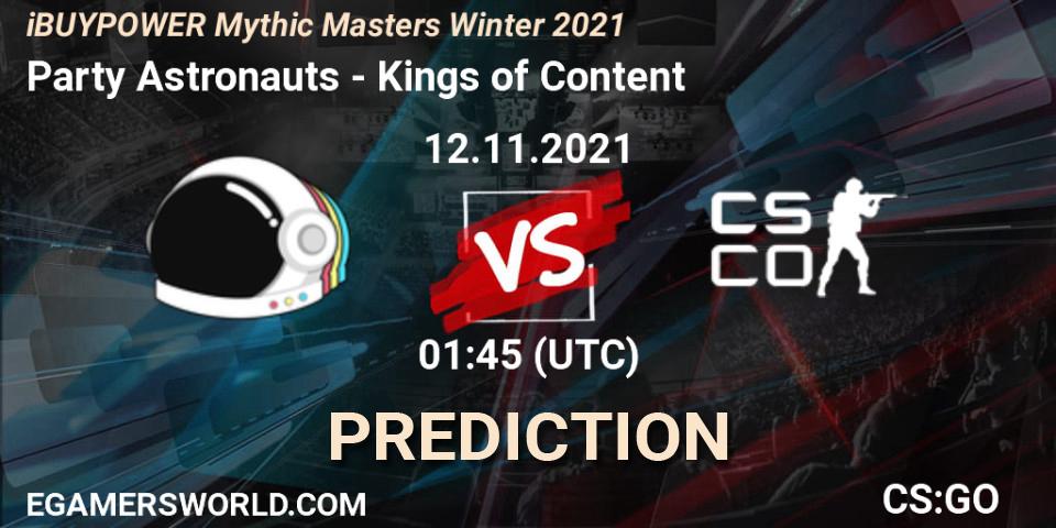 Party Astronauts - Kings of Content: ennuste. 12.11.2021 at 01:45, Counter-Strike (CS2), iBUYPOWER Mythic Masters Winter 2021