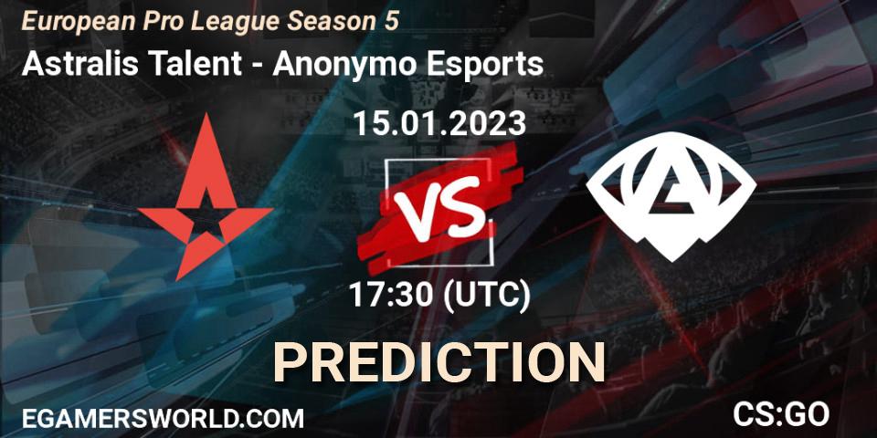 Astralis Talent - Anonymo Esports: ennuste. 15.01.2023 at 18:40, Counter-Strike (CS2), European Pro League Season 5