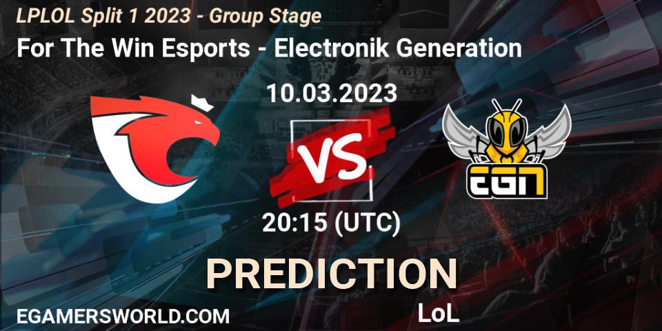 For The Win Esports - Electronik Generation: ennuste. 10.03.2023 at 20:15, LoL, LPLOL Split 1 2023 - Group Stage