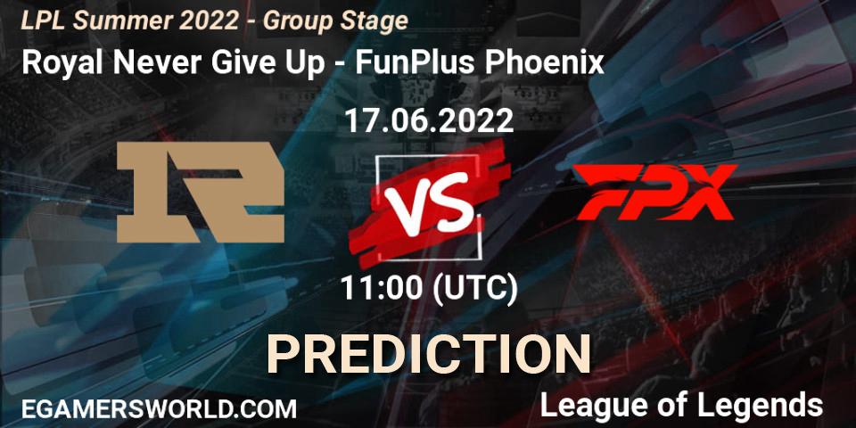 Royal Never Give Up - FunPlus Phoenix: ennuste. 17.06.2022 at 11:00, LoL, LPL Summer 2022 - Group Stage