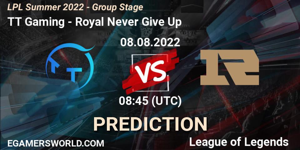 TT Gaming - Royal Never Give Up: ennuste. 08.08.2022 at 09:00, LoL, LPL Summer 2022 - Group Stage