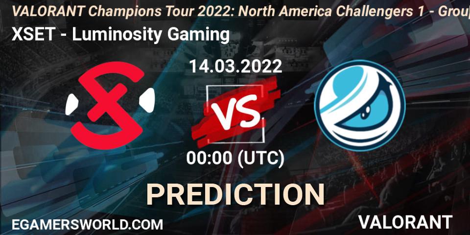 XSET - Luminosity Gaming: ennuste. 13.03.2022 at 00:00, VALORANT, VCT 2022: North America Challengers 1 - Group Stage