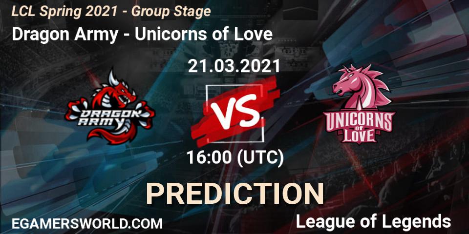 Dragon Army - Unicorns of Love: ennuste. 21.03.2021 at 16:00, LoL, LCL Spring 2021 - Group Stage