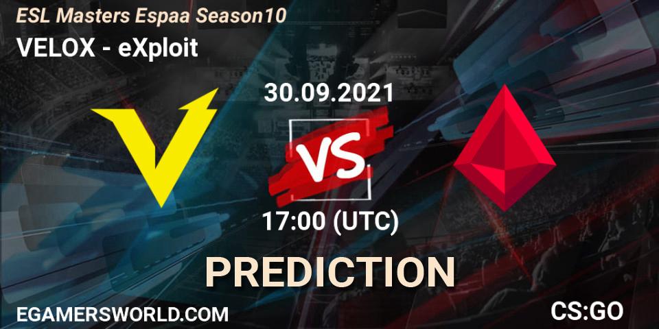 VELOX - eXploit: ennuste. 30.09.2021 at 17:00, Counter-Strike (CS2), ESL Masters Spain Season 10 Finals