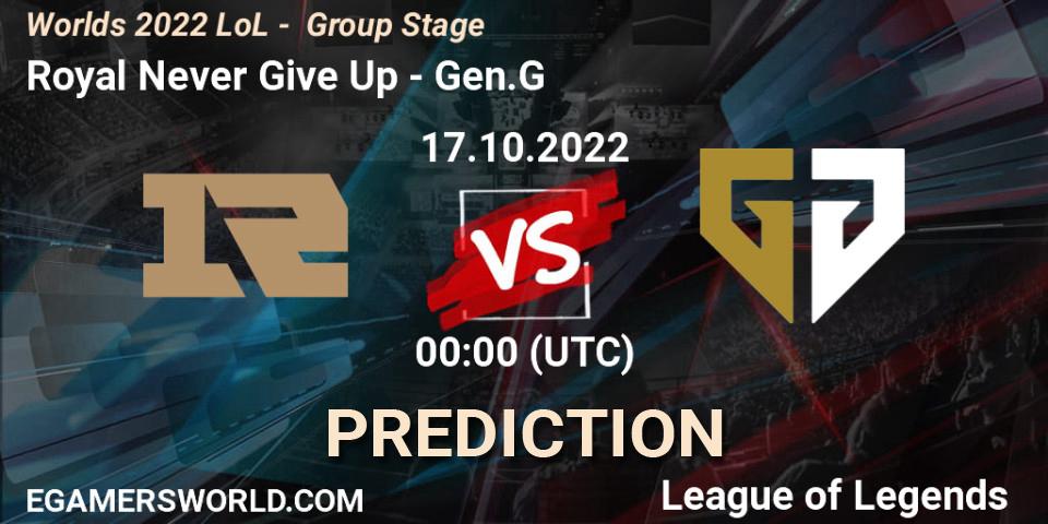 Royal Never Give Up - Gen.G: ennuste. 17.10.22, LoL, Worlds 2022 LoL - Group Stage