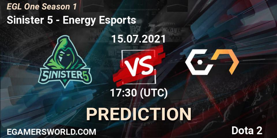 Sinister 5 - Energy Esports: ennuste. 15.07.2021 at 17:33, Dota 2, EGL One Season 1