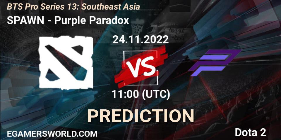 SPAWN Team - Purple Paradox: ennuste. 24.11.2022 at 11:26, Dota 2, BTS Pro Series 13: Southeast Asia