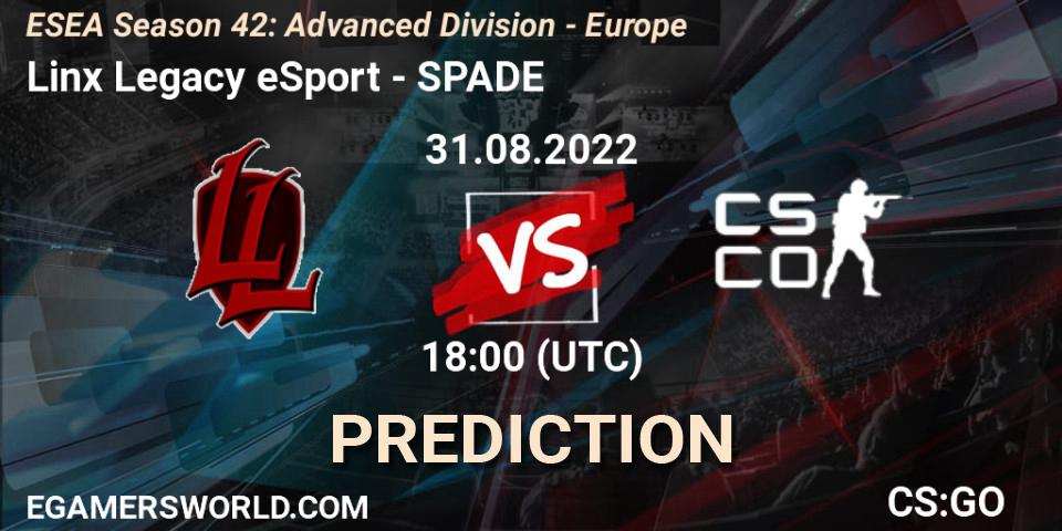 Linx Legacy eSport - SPADE: ennuste. 31.08.2022 at 18:00, Counter-Strike (CS2), ESEA Season 42: Advanced Division - Europe
