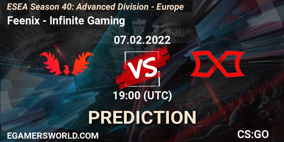 Feenix - Infinite Gaming: ennuste. 07.02.2022 at 19:00, Counter-Strike (CS2), ESEA Season 40: Advanced Division - Europe