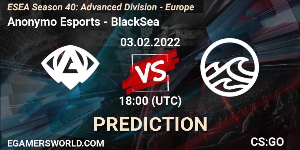 Anonymo Esports - BlackSea: ennuste. 03.02.2022 at 18:00, Counter-Strike (CS2), ESEA Season 40: Advanced Division - Europe