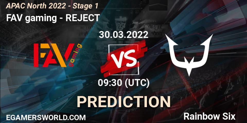 FAV gaming - REJECT: ennuste. 30.03.2022 at 09:30, Rainbow Six, APAC North 2022 - Stage 1