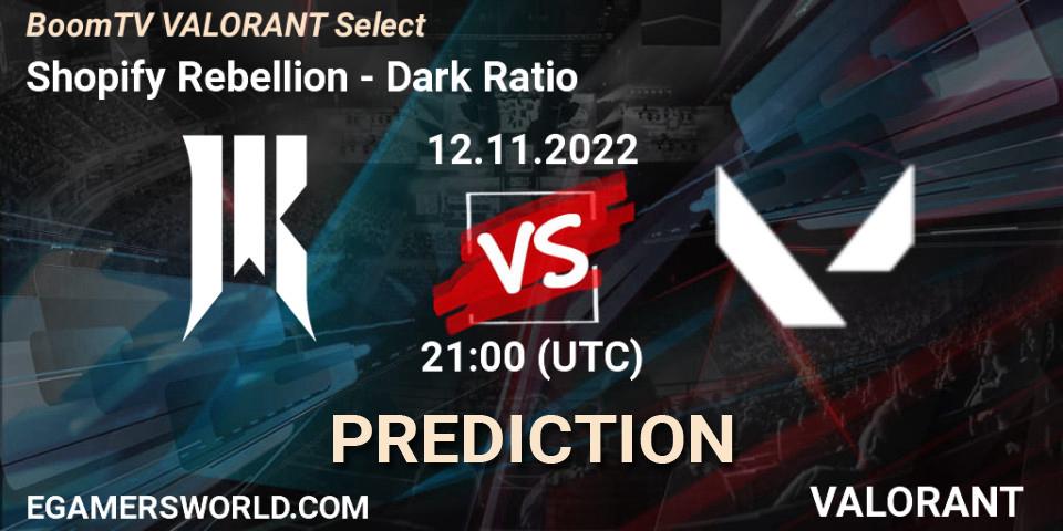Shopify Rebellion - Dark Ratio: ennuste. 12.11.2022 at 21:00, VALORANT, BoomTV VALORANT Select