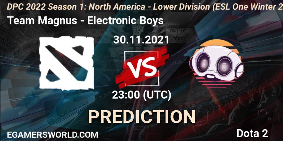 Team Magnus - Electronic Boys: ennuste. 30.11.2021 at 22:56, Dota 2, DPC 2022 Season 1: North America - Lower Division (ESL One Winter 2021)