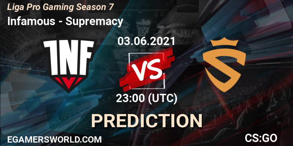 Infamous - Supremacy: ennuste. 03.06.2021 at 23:00, Counter-Strike (CS2), Liga Pro Gaming Season 7