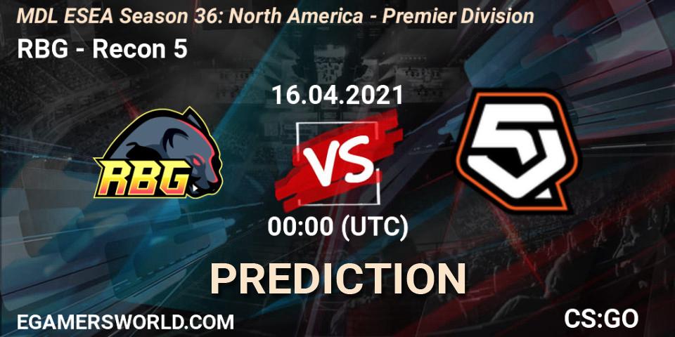 RBG - Recon 5: ennuste. 16.04.2021 at 00:00, Counter-Strike (CS2), MDL ESEA Season 36: North America - Premier Division
