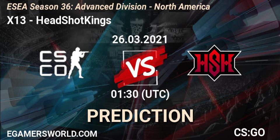 X13 - HeadShotKings: ennuste. 26.03.2021 at 01:30, Counter-Strike (CS2), ESEA Season 36: Advanced Division - North America