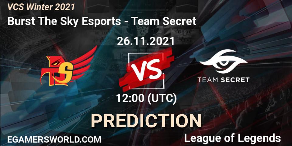 Burst The Sky Esports - Team Secret: ennuste. 26.11.2021 at 12:00, LoL, VCS Winter 2021