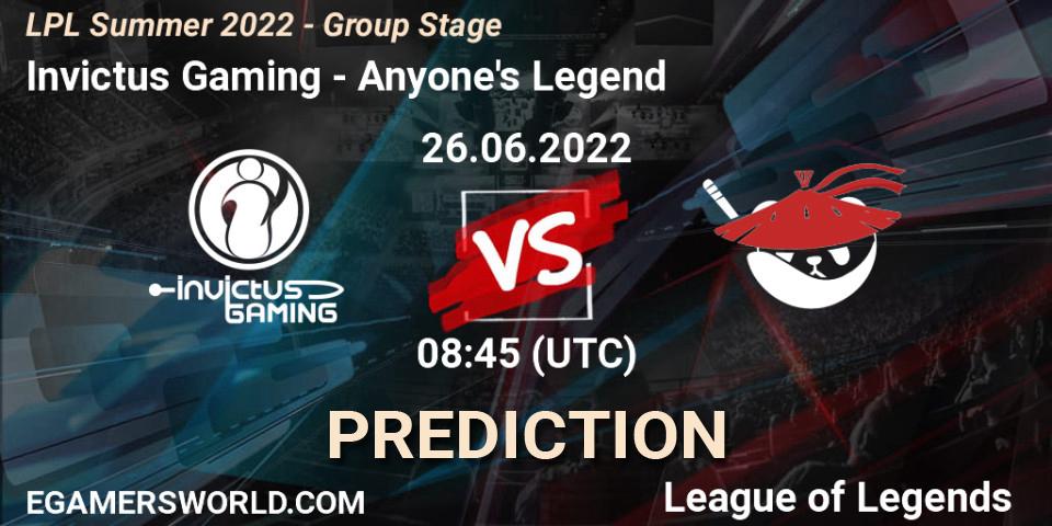 Invictus Gaming - Anyone's Legend: ennuste. 26.06.2022 at 09:00, LoL, LPL Summer 2022 - Group Stage
