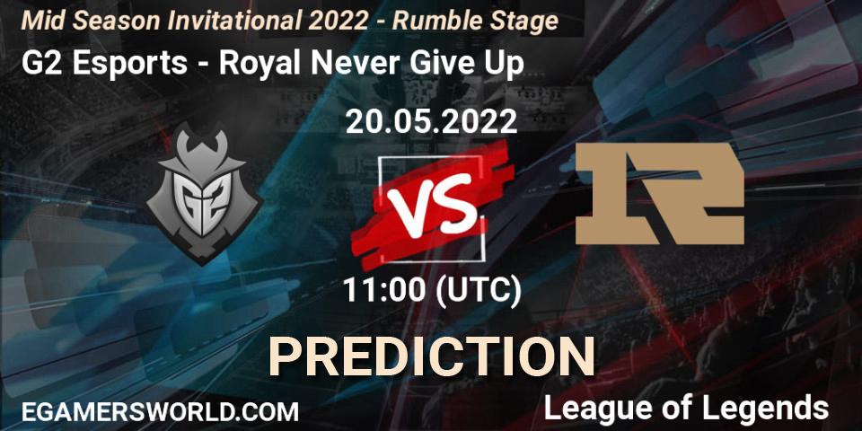 G2 Esports - Royal Never Give Up: ennuste. 20.05.2022 at 11:20, LoL, Mid Season Invitational 2022 - Rumble Stage