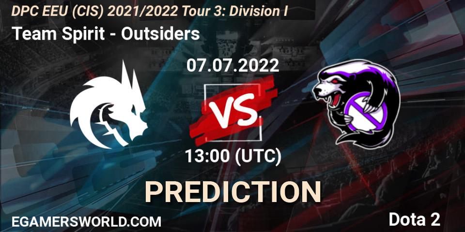 Team Spirit - Outsiders: ennuste. 07.07.2022 at 13:16, Dota 2, DPC EEU (CIS) 2021/2022 Tour 3: Division I