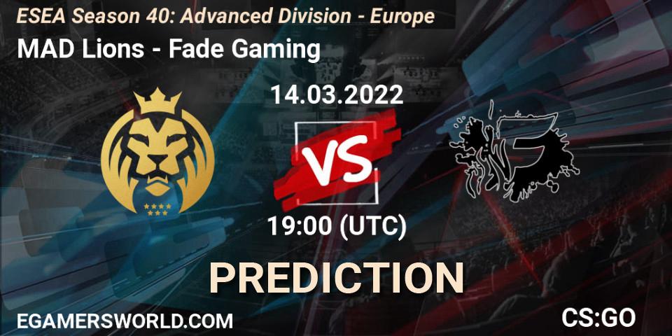 MAD Lions - Fade Gaming: ennuste. 14.03.2022 at 19:00, Counter-Strike (CS2), ESEA Season 40: Advanced Division - Europe