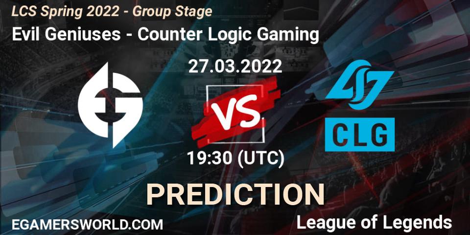 Evil Geniuses - Counter Logic Gaming: ennuste. 27.03.22, LoL, LCS Spring 2022 - Group Stage