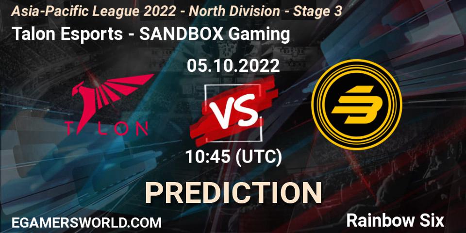 Talon Esports - SANDBOX Gaming: ennuste. 05.10.2022 at 10:45, Rainbow Six, Asia-Pacific League 2022 - North Division - Stage 3
