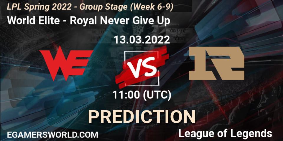 World Elite - Royal Never Give Up: ennuste. 13.03.2022 at 12:00, LoL, LPL Spring 2022 - Group Stage (Week 6-9)