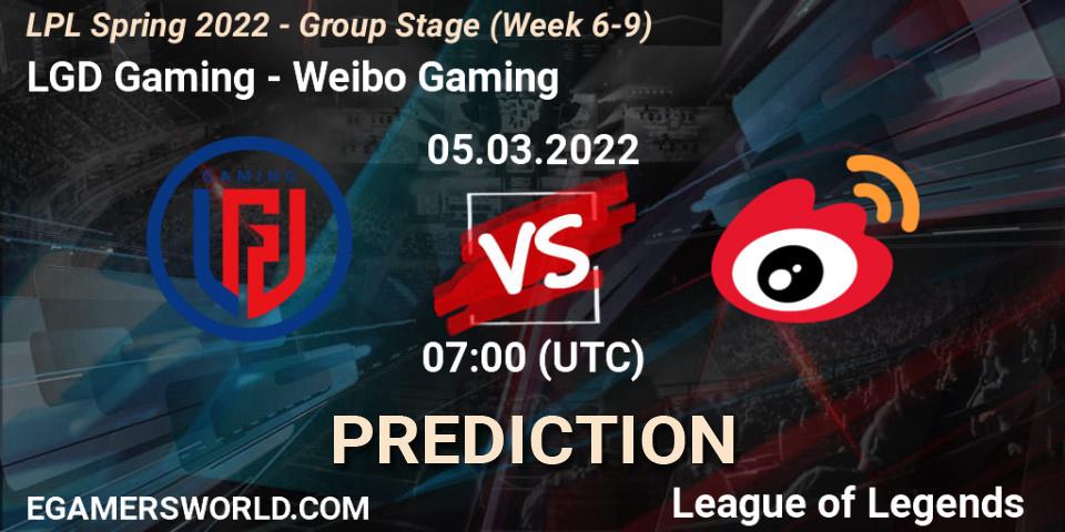 LGD Gaming - Weibo Gaming: ennuste. 05.03.2022 at 07:00, LoL, LPL Spring 2022 - Group Stage (Week 6-9)
