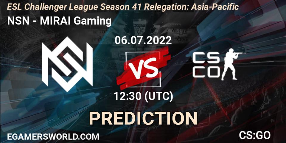 NSN - MIRAI Gaming: ennuste. 06.07.2022 at 12:30, Counter-Strike (CS2), ESL Challenger League Season 41 Relegation: Asia-Pacific