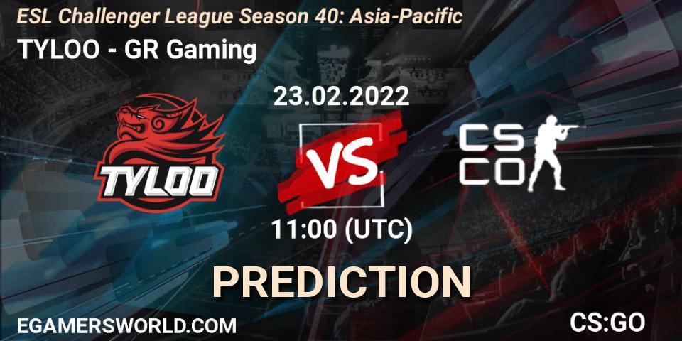 TYLOO - GR Gaming: ennuste. 23.02.2022 at 12:00, Counter-Strike (CS2), ESL Challenger League Season 40: Asia-Pacific