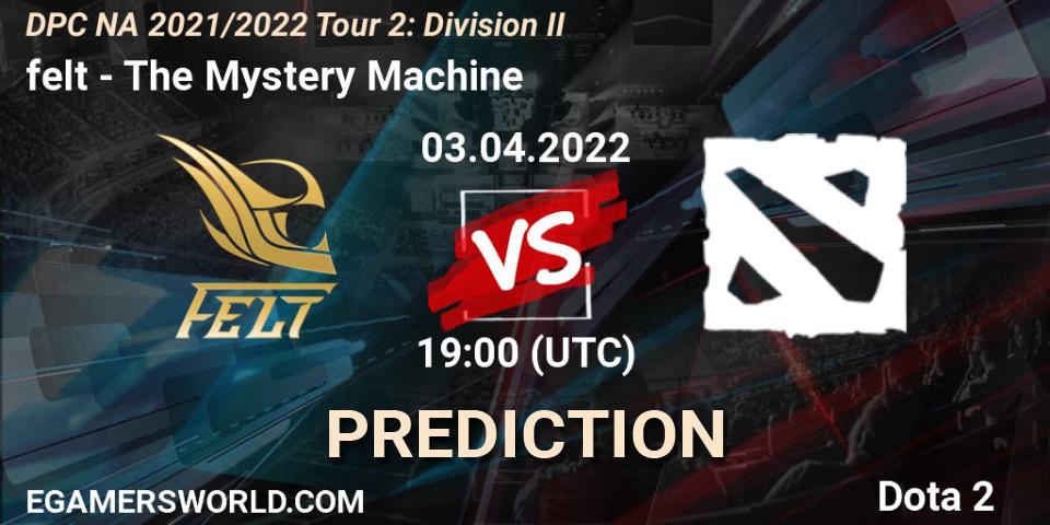 felt - The Mystery Machine: ennuste. 03.04.2022 at 18:55, Dota 2, DP 2021/2022 Tour 2: NA Division II (Lower) - ESL One Spring 2022
