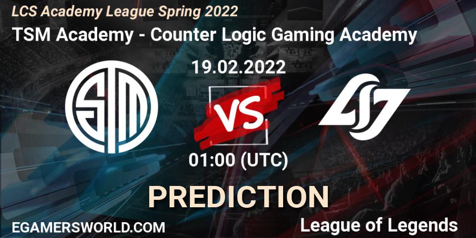 TSM Academy - Counter Logic Gaming Academy: ennuste. 19.02.2022 at 00:55, LoL, LCS Academy League Spring 2022