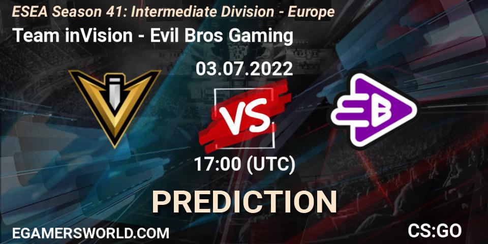 Team inVision - Evil Bros Gaming: ennuste. 03.07.2022 at 17:00, Counter-Strike (CS2), ESEA Season 41: Intermediate Division - Europe