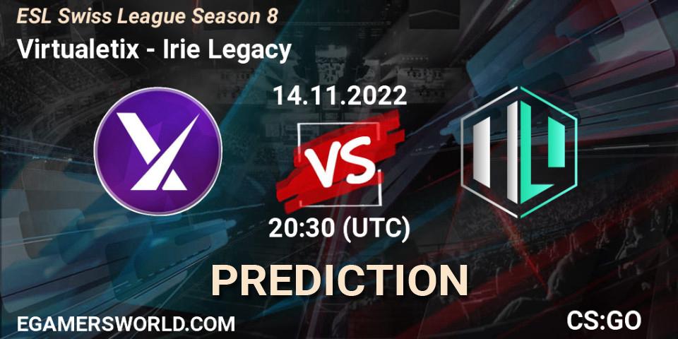 Virtualetix - Irie Legacy: ennuste. 17.11.2022 at 19:00, Counter-Strike (CS2), ESL Swiss League Season 8