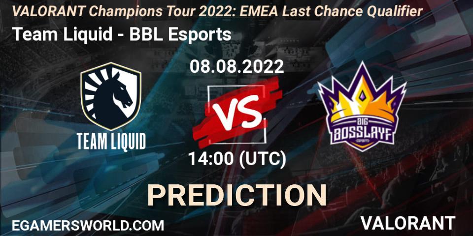 Team Liquid - BBL Esports: ennuste. 08.08.2022 at 14:00, VALORANT, VCT 2022: EMEA Last Chance Qualifier