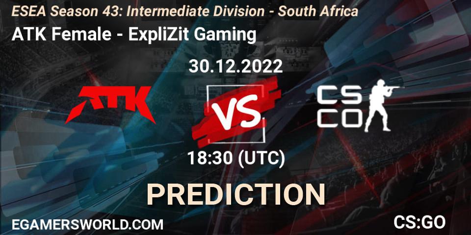 ATK Female - ExpliZit Gaming: ennuste. 29.12.2022 at 18:30, Counter-Strike (CS2), ESEA Season 43: Intermediate Division - South Africa