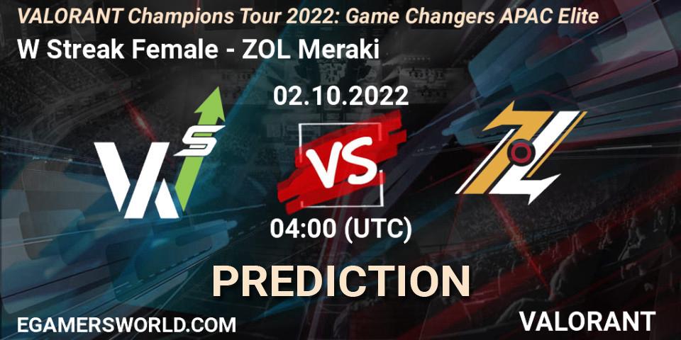 W Streak Female - ZOL Meraki: ennuste. 02.10.2022 at 04:00, VALORANT, VCT 2022: Game Changers APAC Elite