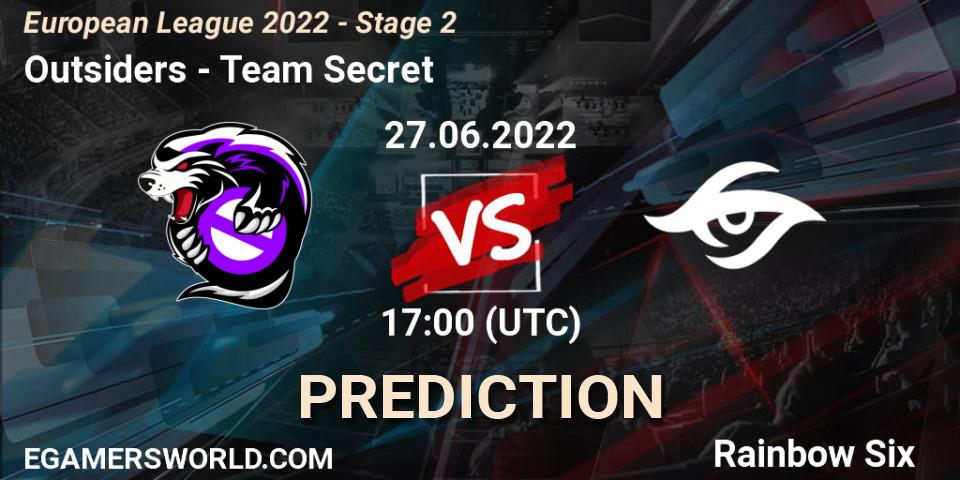 Outsiders - Team Secret: ennuste. 27.06.2022 at 16:00, Rainbow Six, European League 2022 - Stage 2