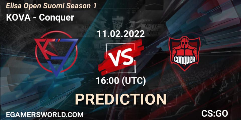 KOVA - Conquer: ennuste. 11.02.2022 at 16:00, Counter-Strike (CS2), Elisa Open Suomi Season 1