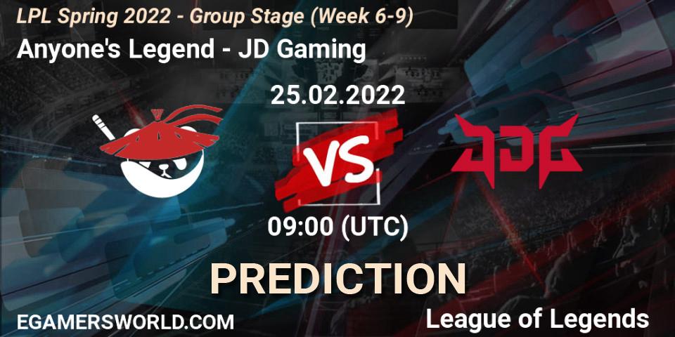 Anyone's Legend - JD Gaming: ennuste. 25.02.2022 at 10:00, LoL, LPL Spring 2022 - Group Stage (Week 6-9)