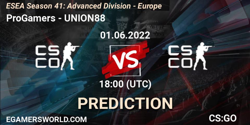 ProGamers - UNION88: ennuste. 01.06.2022 at 18:00, Counter-Strike (CS2), ESEA Season 41: Advanced Division - Europe
