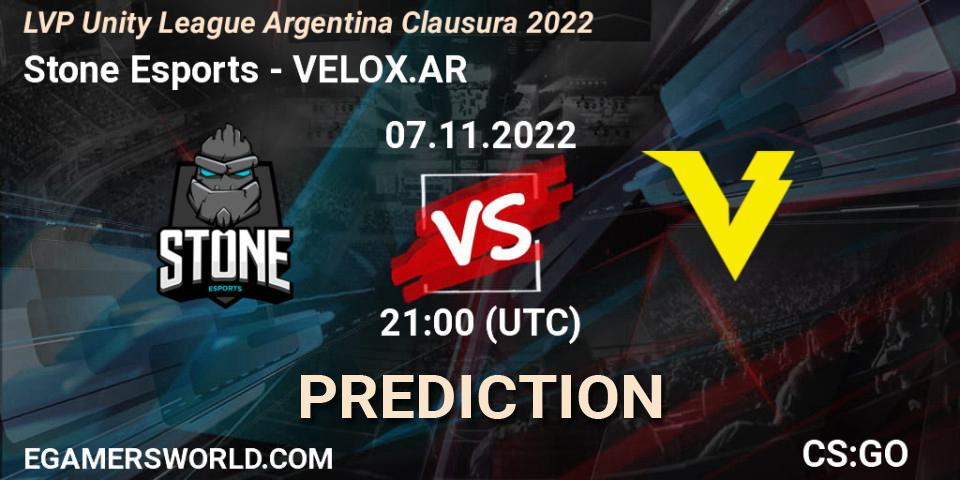 Stone Esports - VELOX.AR: ennuste. 07.11.2022 at 21:00, Counter-Strike (CS2), LVP Unity League Argentina Clausura 2022